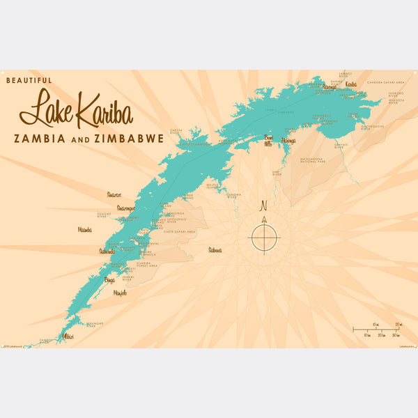 Lake Kariba Zambia Zimbabwe, Metal Sign Map Art