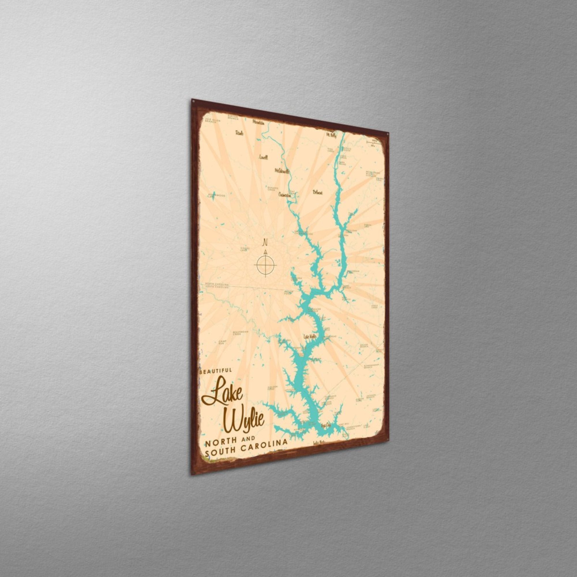 Lake Wylie North and South Carolina, Rustic Metal Sign Map Art