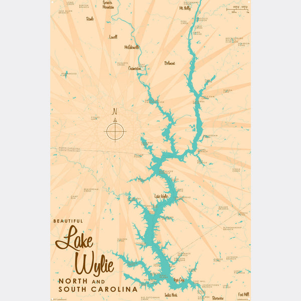 Lake Wylie North and South Carolina, Metal Sign Map Art