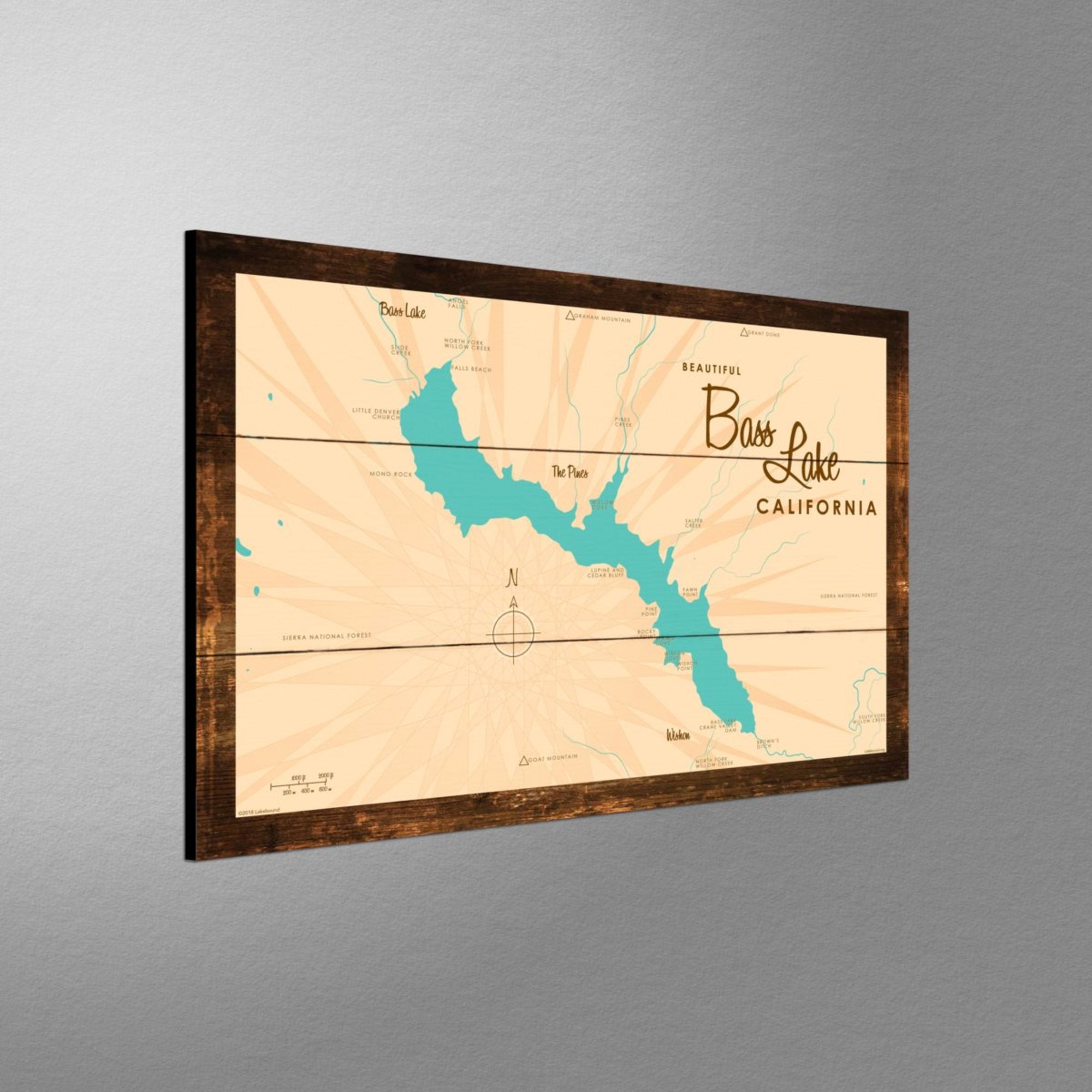 Bass Lake California, Rustic Wood Sign Map Art