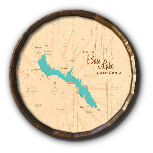 Bass Lake California, Rustic Barrel End Map Art