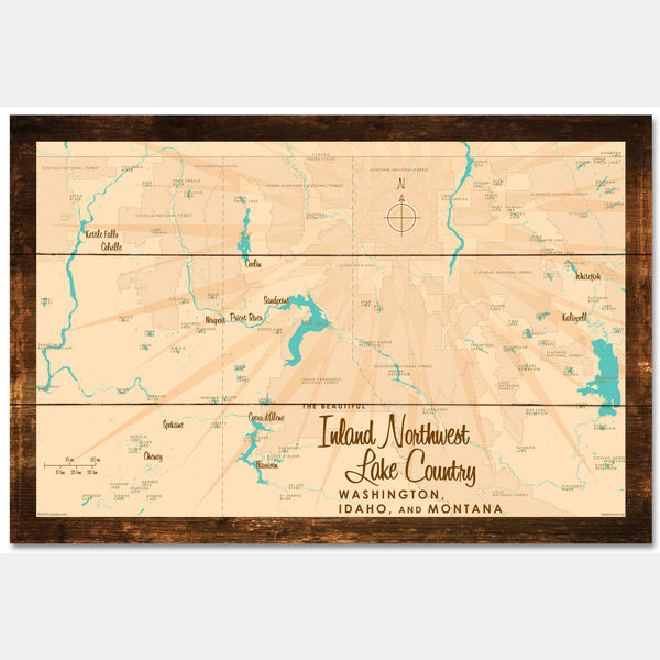 Inland Northwest Lake Country WA ID Montana, Rustic Wood Sign Map Art