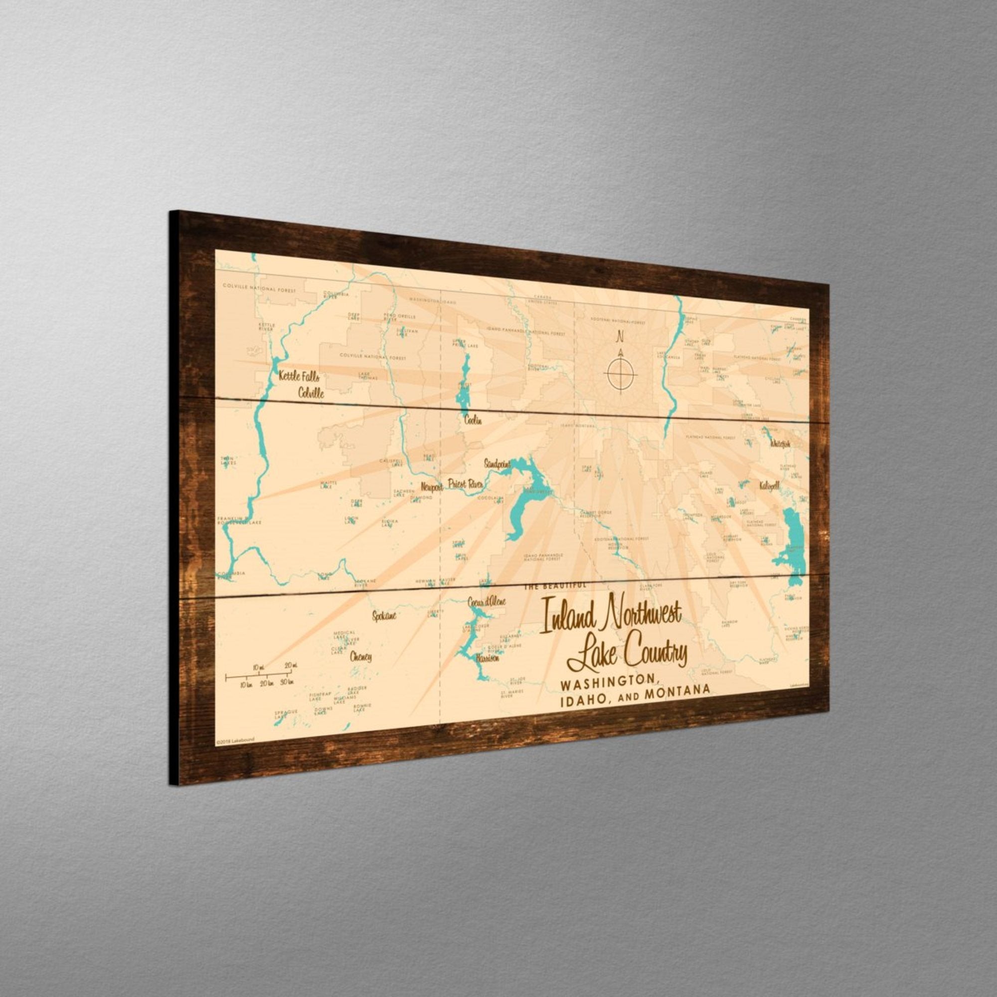 Inland Northwest Lake Country WA ID Montana, Rustic Wood Sign Map Art
