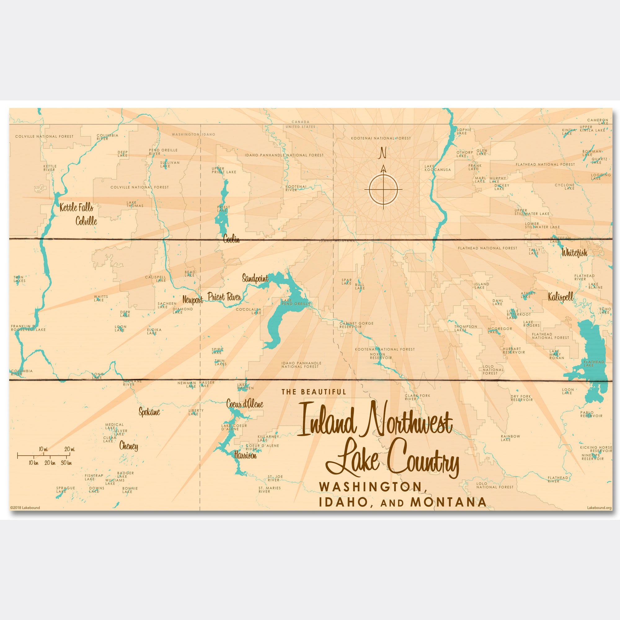 Inland Northwest Lake Country WA ID Montana, Wood Sign Map Art