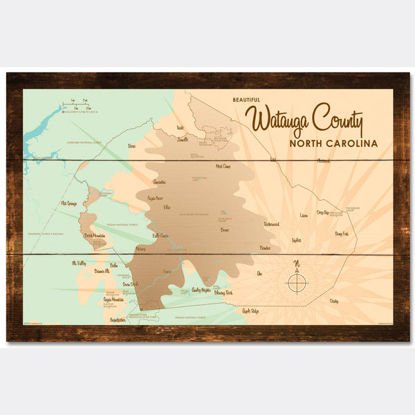 Watauga County North Carolina, Rustic Wood Sign Map Art