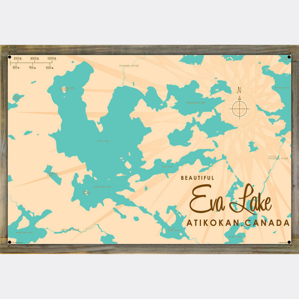 Eva Lake Ontario Canada, Wood-Mounted Metal Sign Map Art