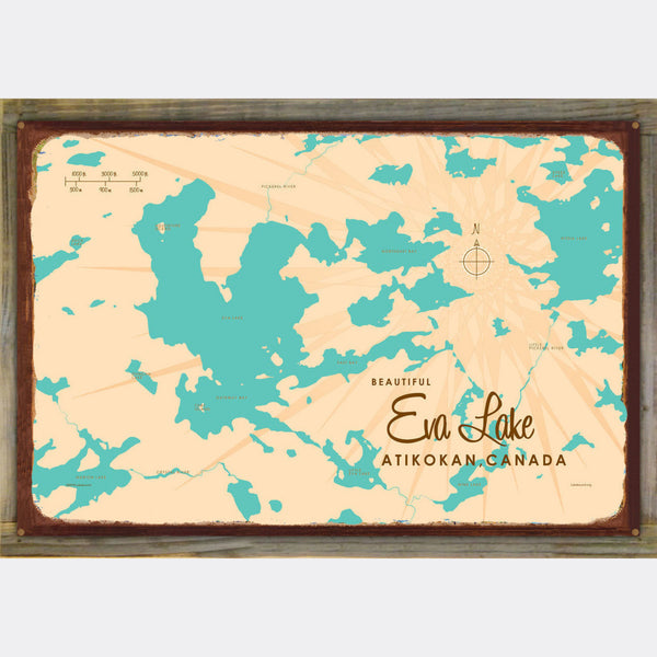 Eva Lake Ontario Canada, Wood-Mounted Rustic Metal Sign Map Art