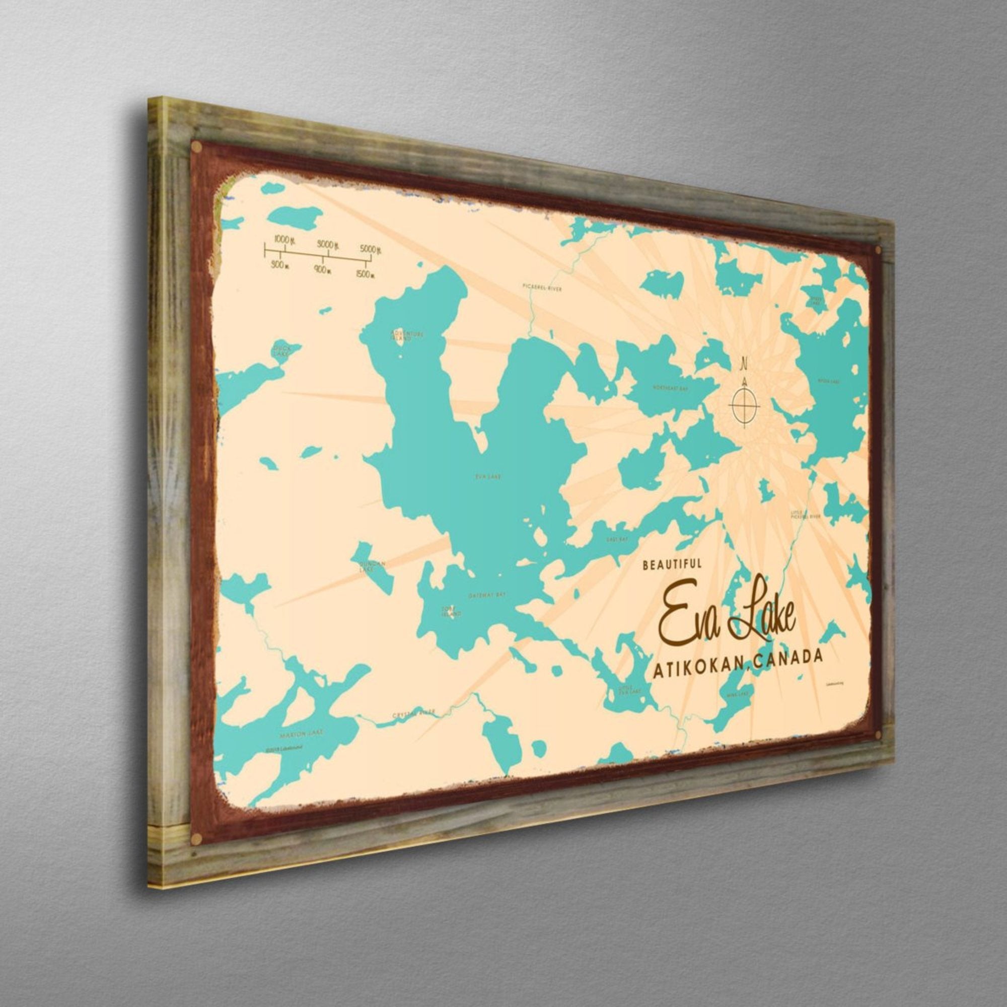 Eva Lake Ontario Canada, Wood-Mounted Rustic Metal Sign Map Art