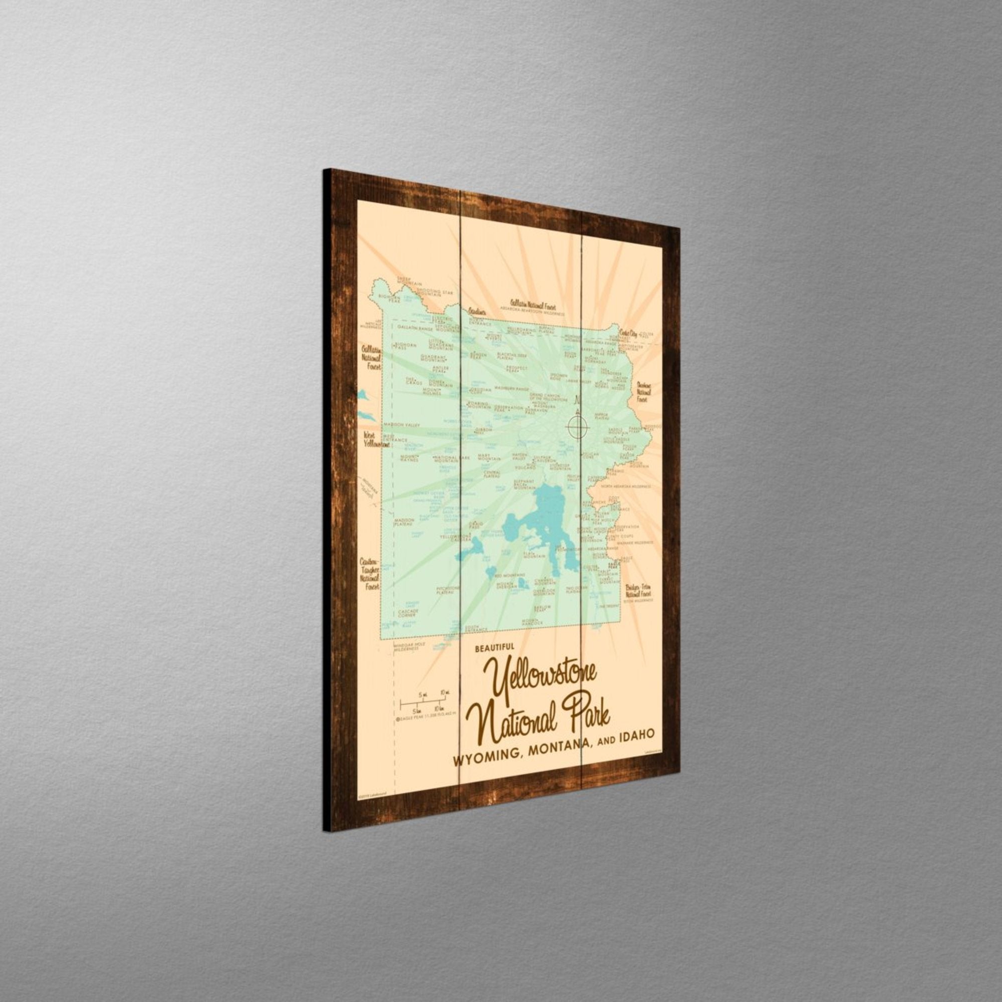 Yellowstone National Park WY MT Idaho, Rustic Wood Sign Map Art