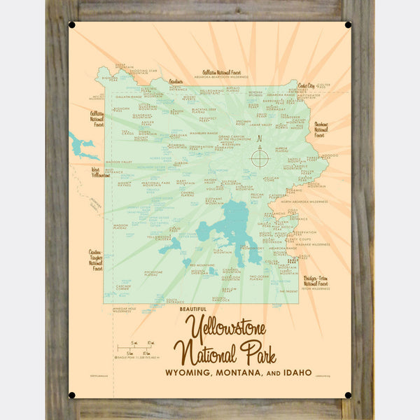 Yellowstone National Park, Wood-Mounted Metal Sign Map Art