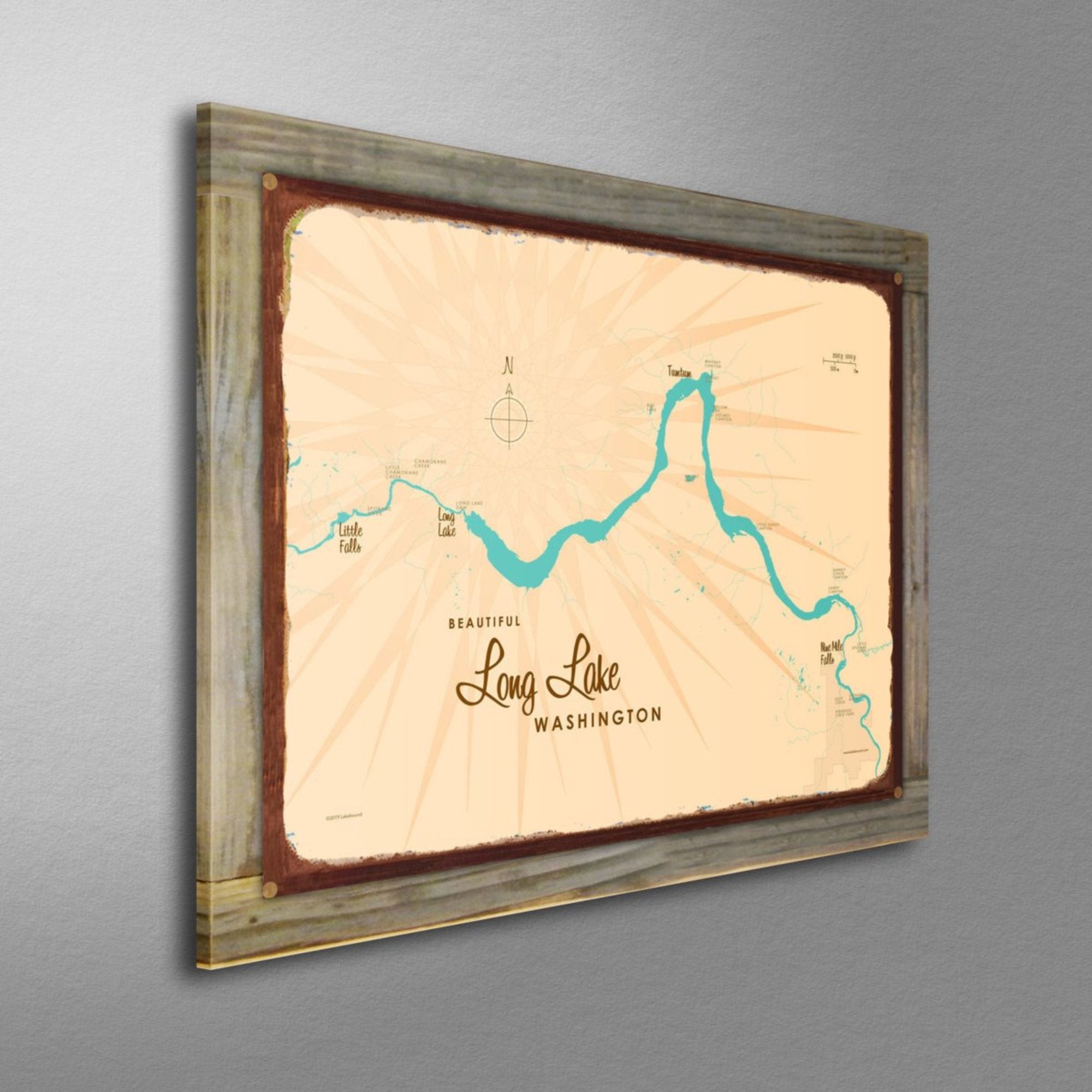 Long Lake Washington, Wood-Mounted Rustic Metal Sign Map Art