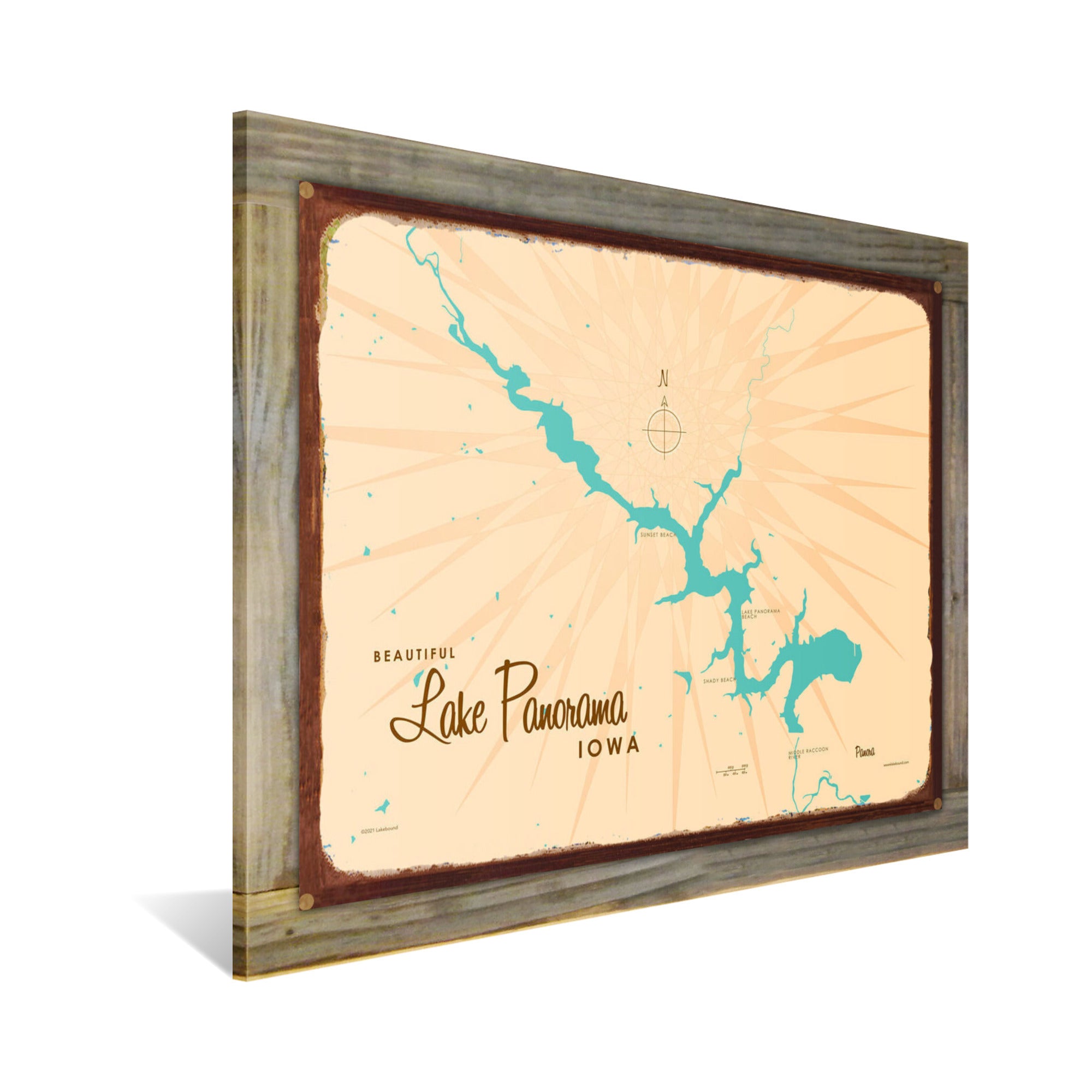 Lake Panorama Iowa, Wood-Mounted Rustic Metal Sign Map Art