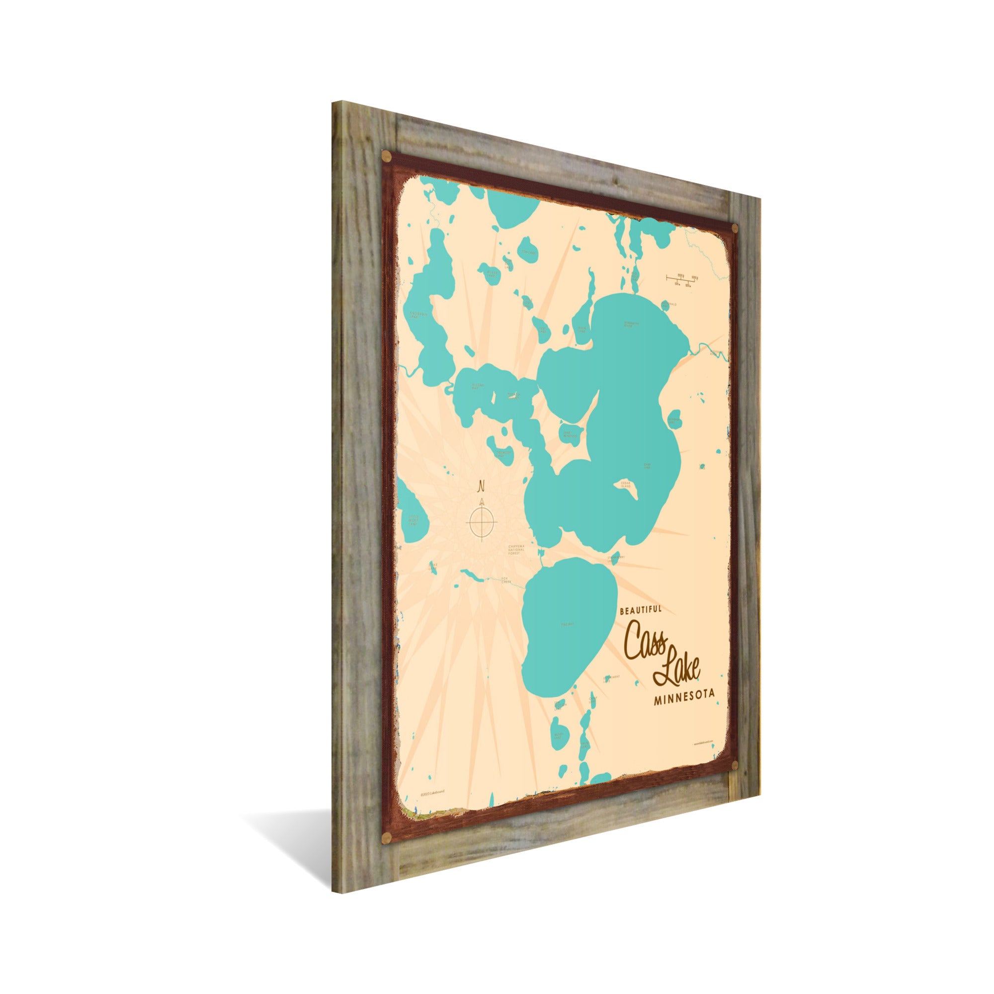 Cass Lake Minnesota, Wood-Mounted Rustic Metal Sign Map Art