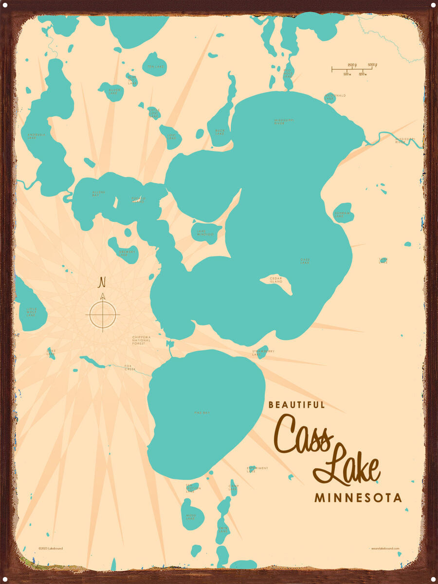 Cass Lake Minnesota, Rustic Metal Sign Map Art