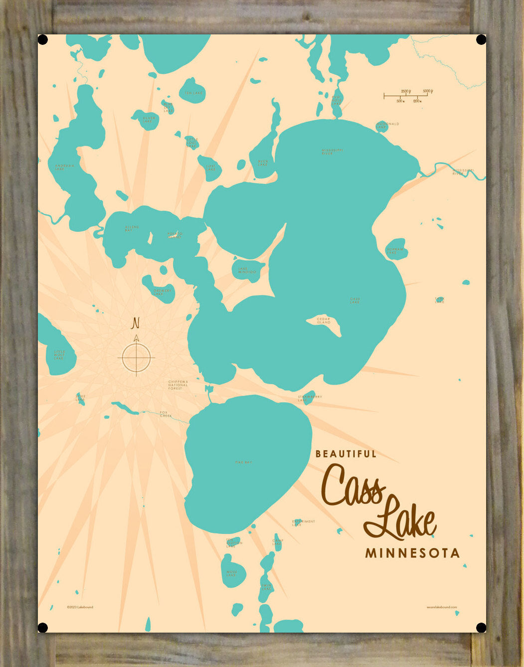Cass Lake Minnesota, Wood-Mounted Metal Sign Map Art