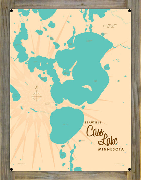 Cass Lake Minnesota, Wood-Mounted Metal Sign Map Art