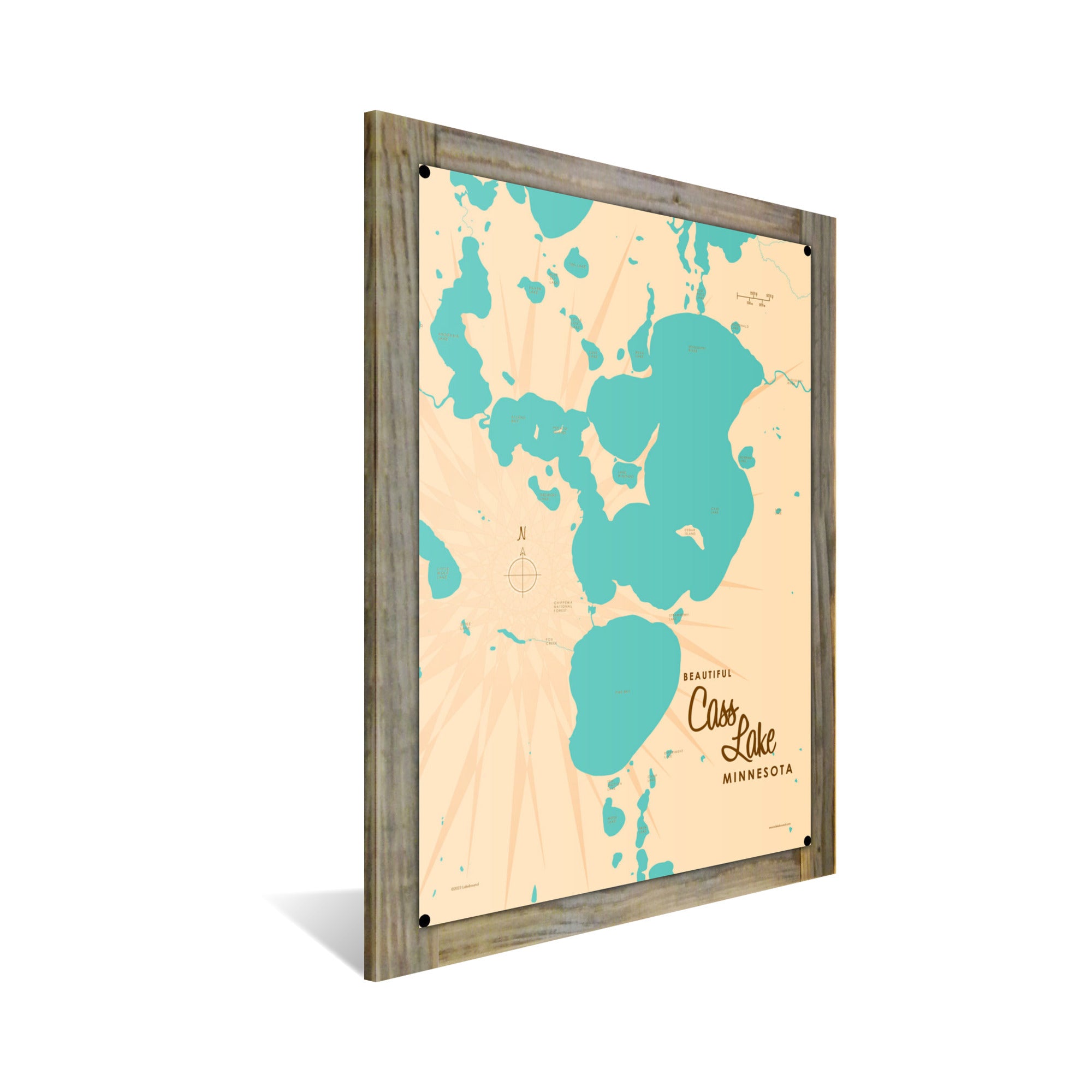 Cass Lake Minnesota, Wood-Mounted Metal Sign Map Art