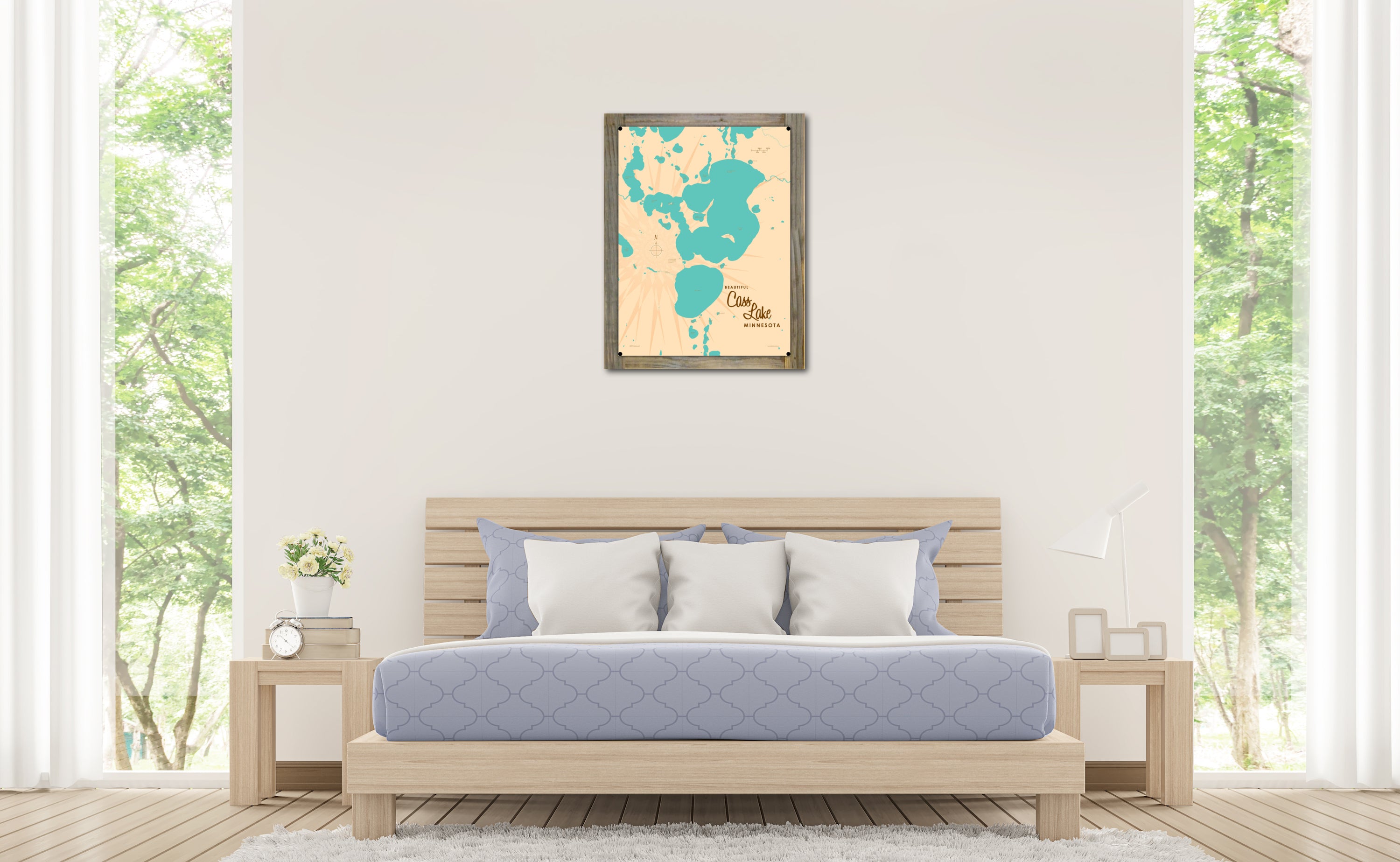 Cass Lake Minnesota, Wood-Mounted Metal Sign Map Art