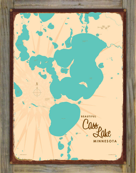 Cass Lake Minnesota, Wood-Mounted Rustic Metal Sign Map Art