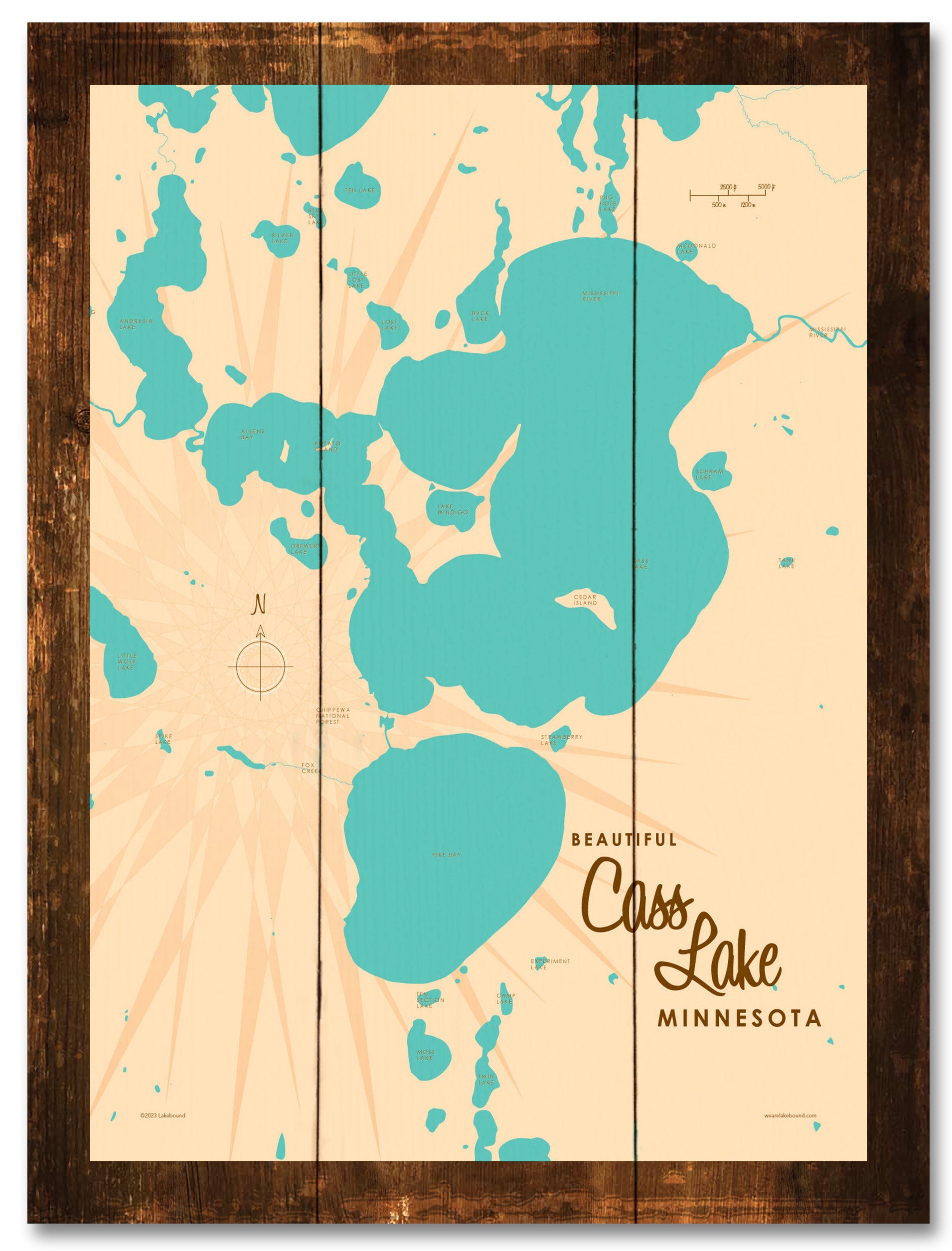 Cass Lake Minnesota, Rustic Wood Sign Map Art