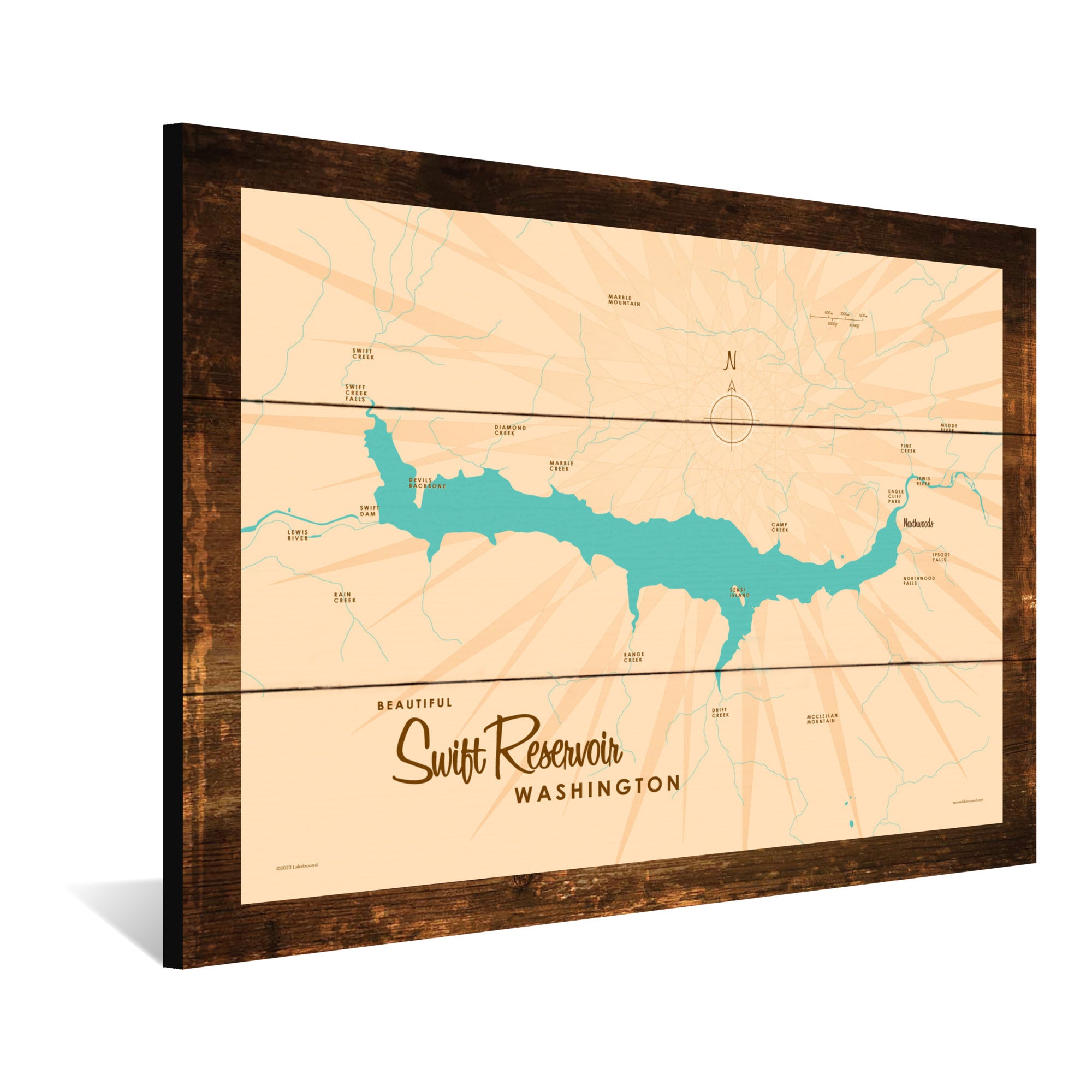 Swift Reservoir Washington, Rustic Wood Sign Map Art