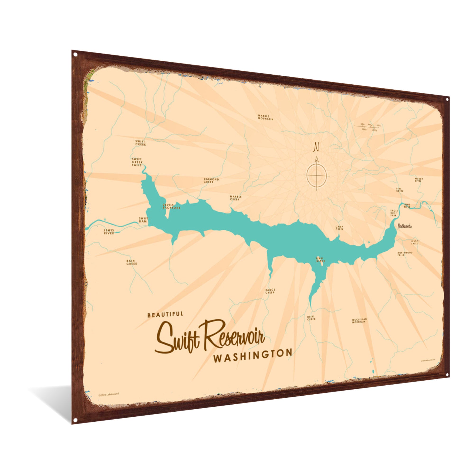 Swift Reservoir Washington, Rustic Metal Sign Map Art