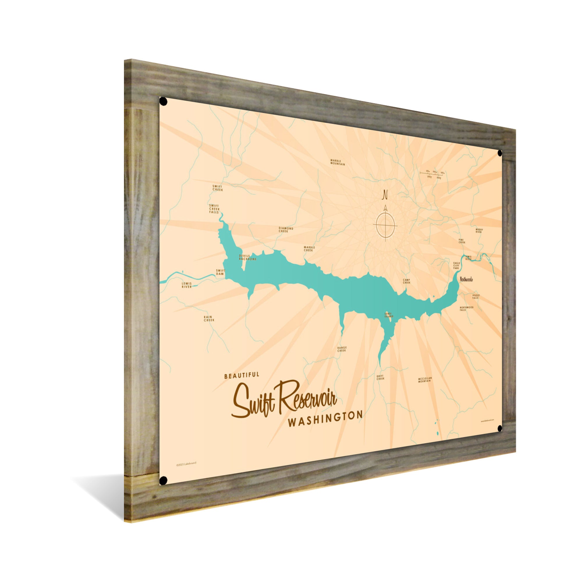 Swift Reservoir Washington, Wood-Mounted Metal Sign Map Art