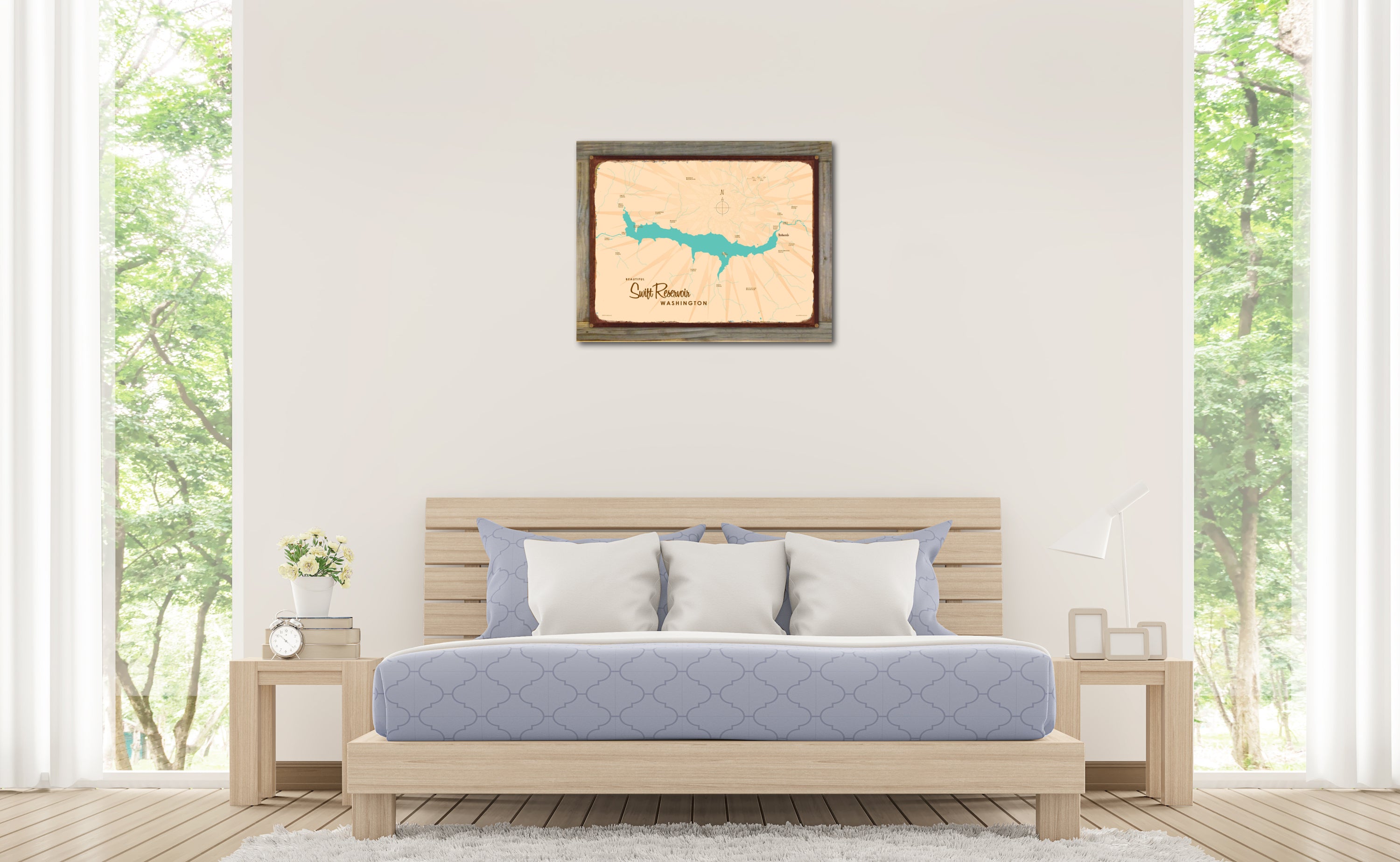 Swift Reservoir Washington, Wood-Mounted Rustic Metal Sign Map Art