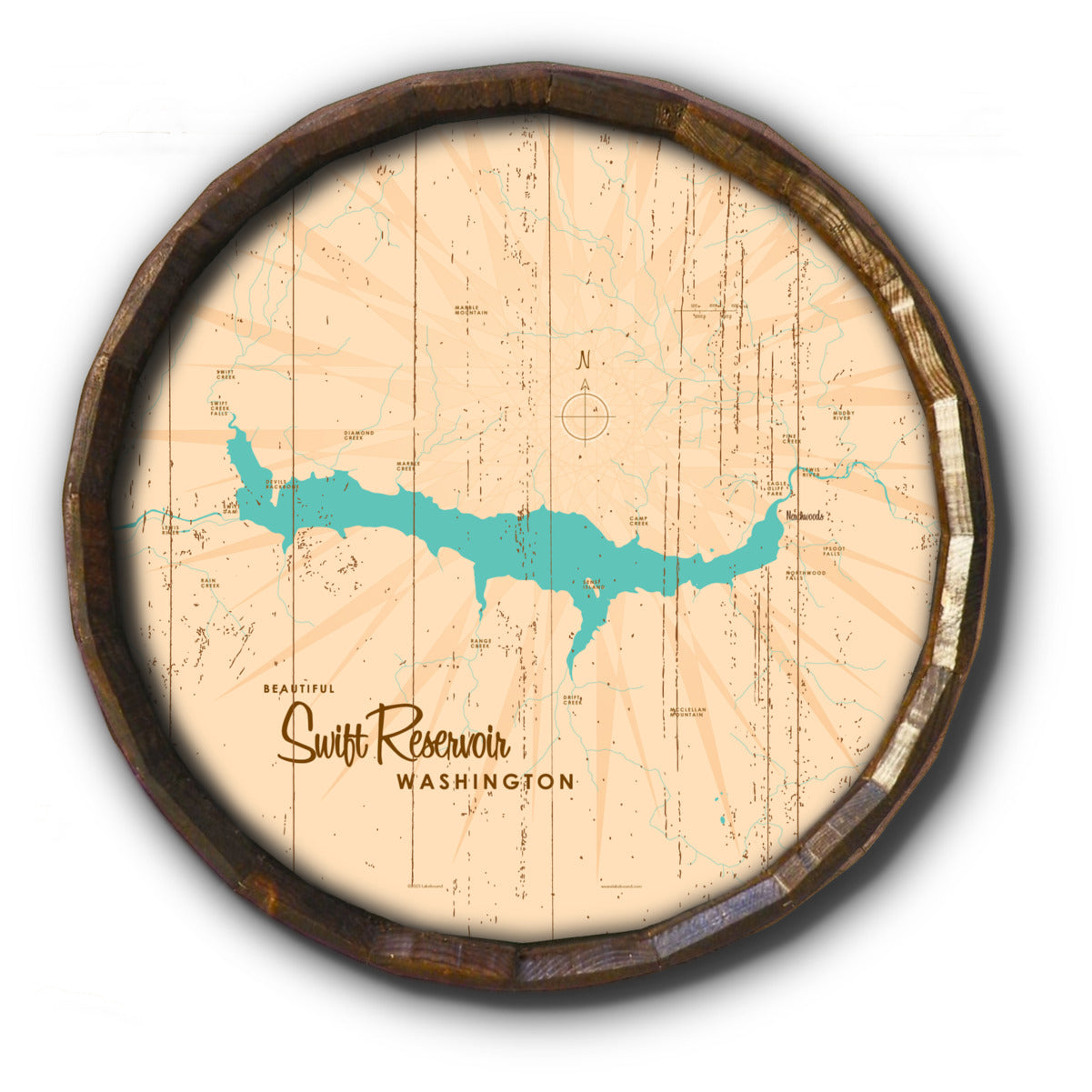 Swift Reservoir Washington, Rustic Barrel End Map Art