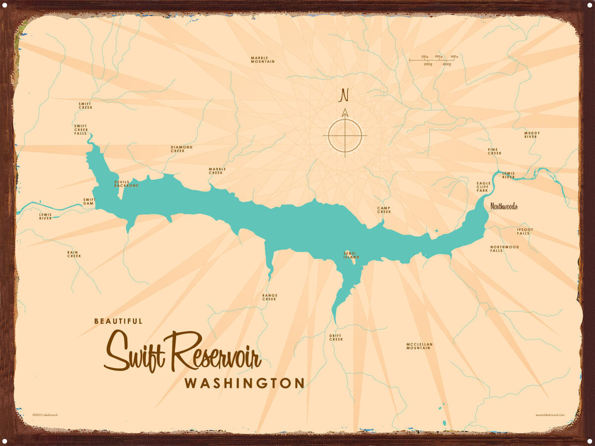 Swift Reservoir Washington, Rustic Metal Sign Map Art