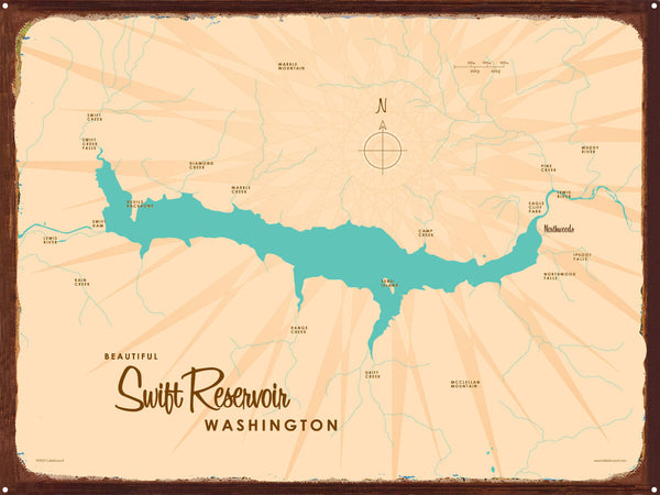 Swift Reservoir Washington, Rustic Metal Sign Map Art