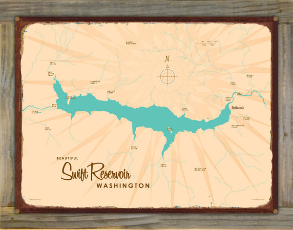 Swift Reservoir Washington, Wood-Mounted Rustic Metal Sign Map Art