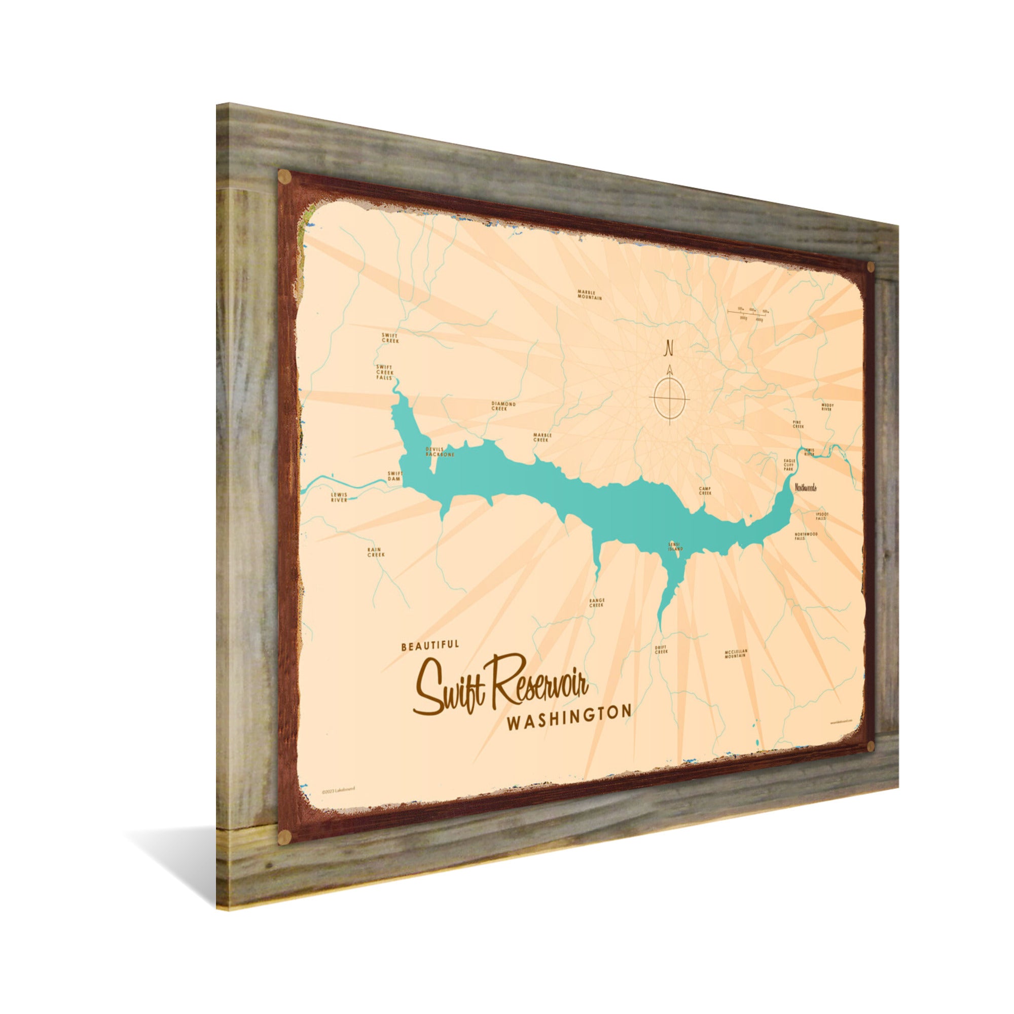 Swift Reservoir Washington, Wood-Mounted Rustic Metal Sign Map Art
