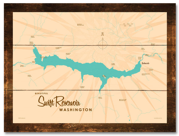 Swift Reservoir Washington, Rustic Wood Sign Map Art