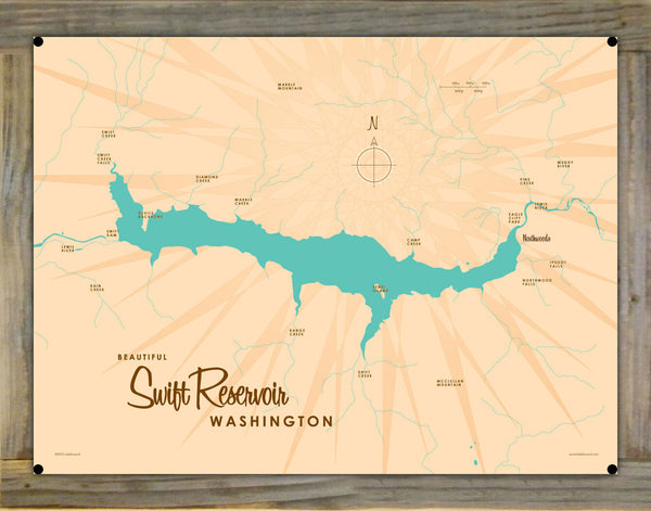 Swift Reservoir Washington, Wood-Mounted Metal Sign Map Art