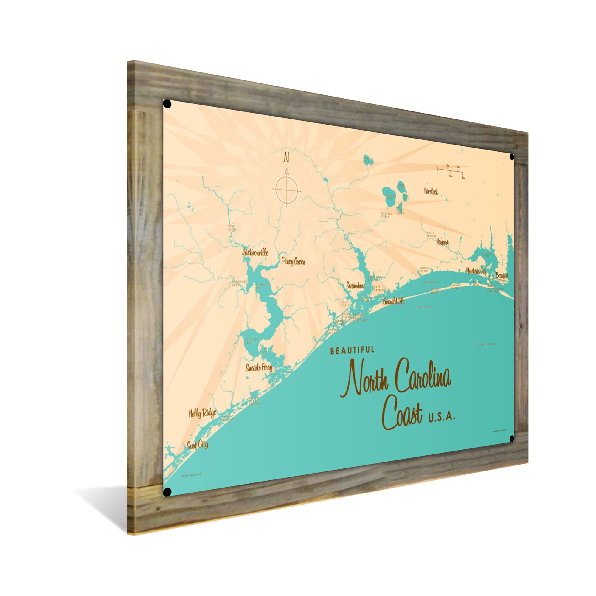 North Carolina Coast North Carolina, Wood-Mounted Metal Sign Map Art