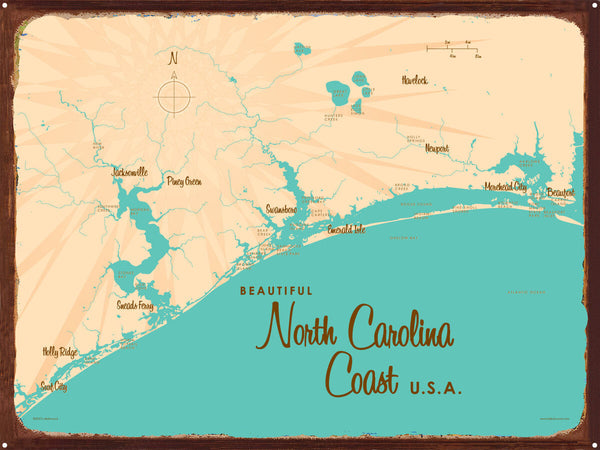 North Carolina Coast North Carolina, Rustic Metal Sign Map Art