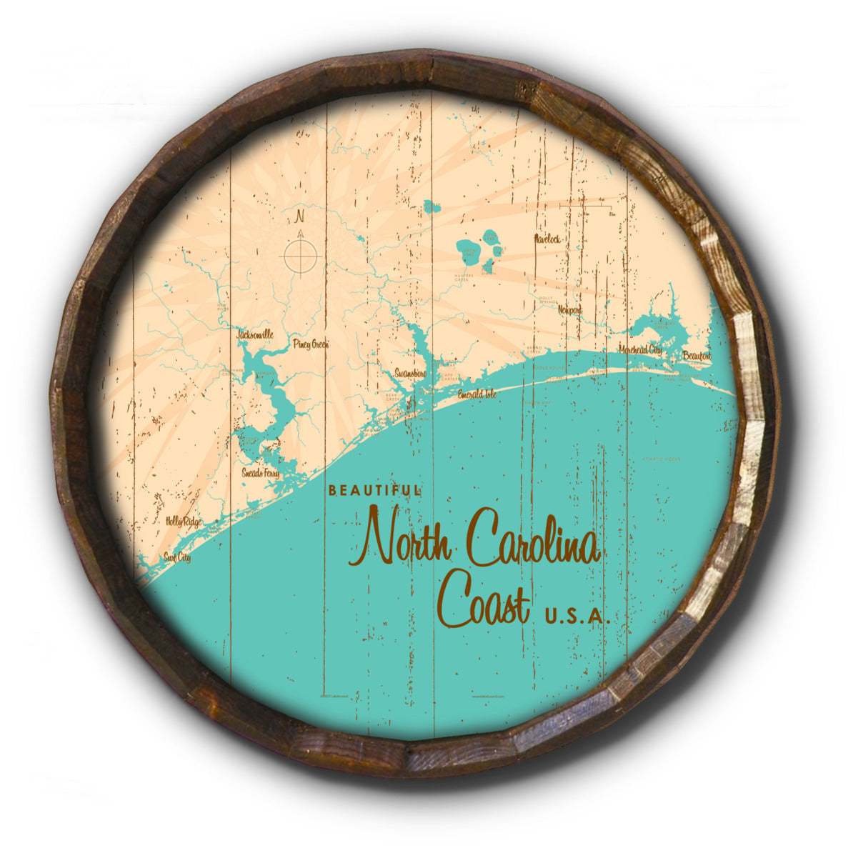 North Carolina Coast North Carolina, Rustic Barrel End Map Art