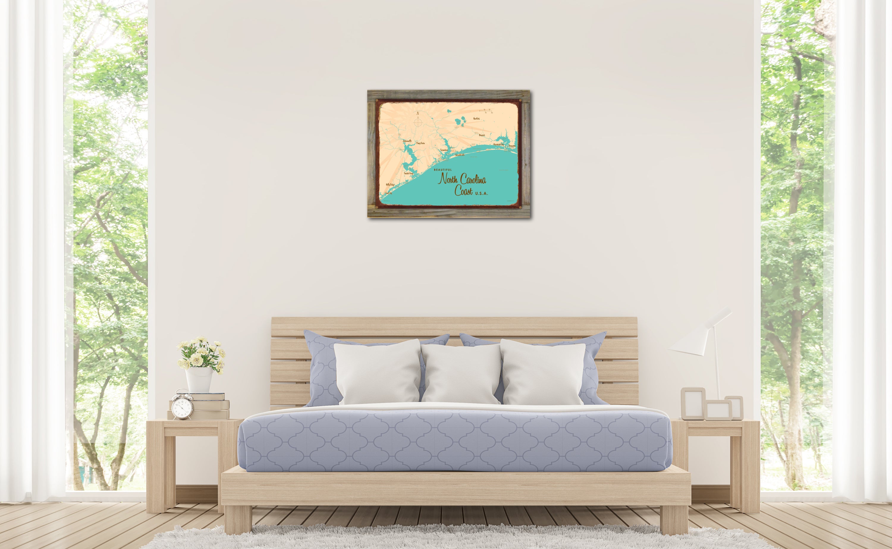 North Carolina Coast North Carolina, Wood-Mounted Rustic Metal Sign Map Art