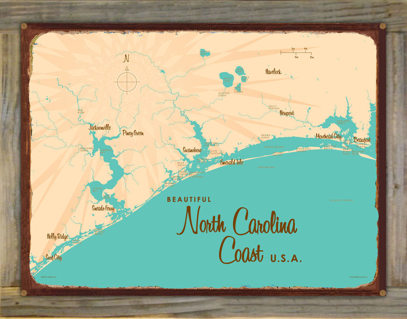 North Carolina Coast North Carolina, Wood-Mounted Rustic Metal Sign Map Art
