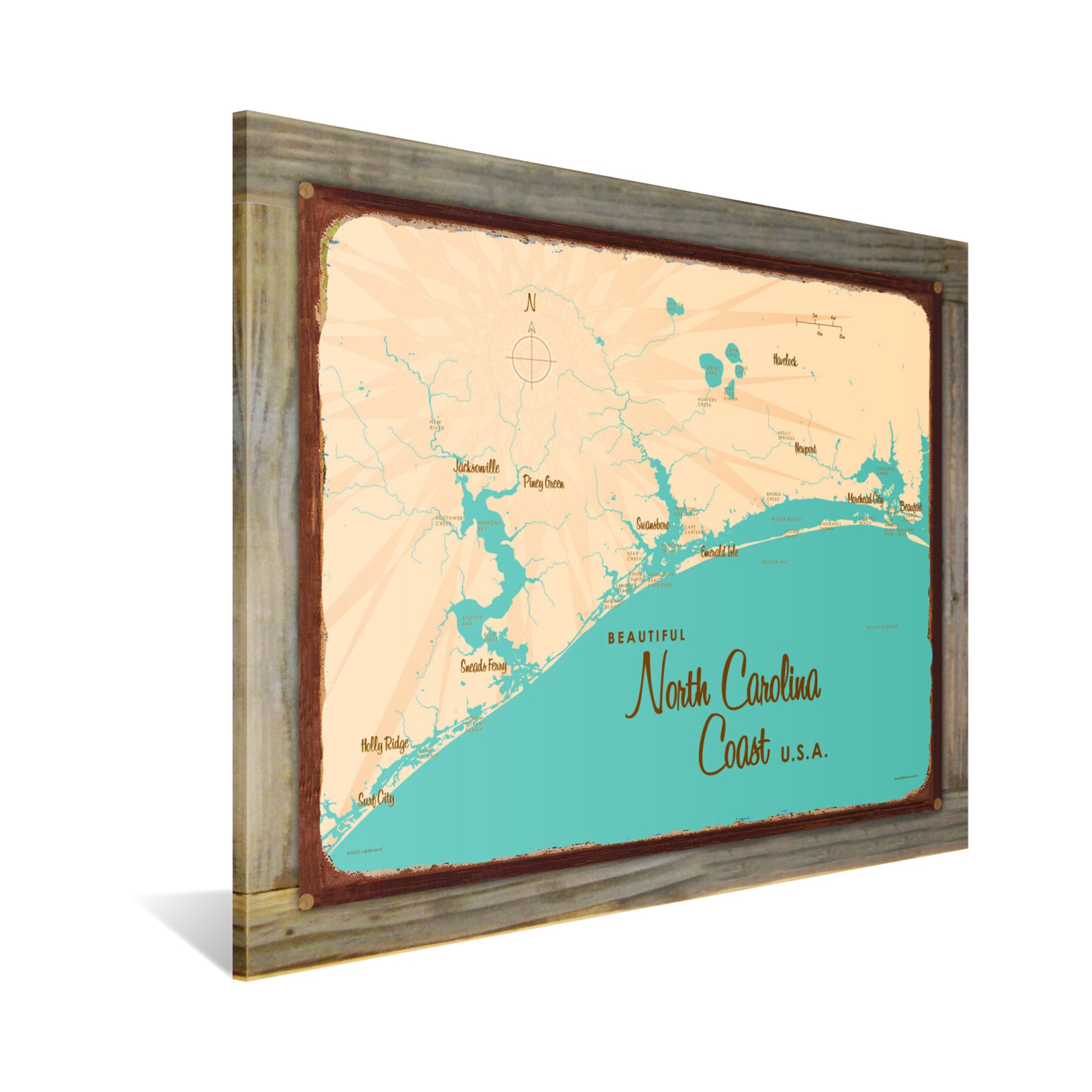 North Carolina Coast North Carolina, Wood-Mounted Rustic Metal Sign Map Art