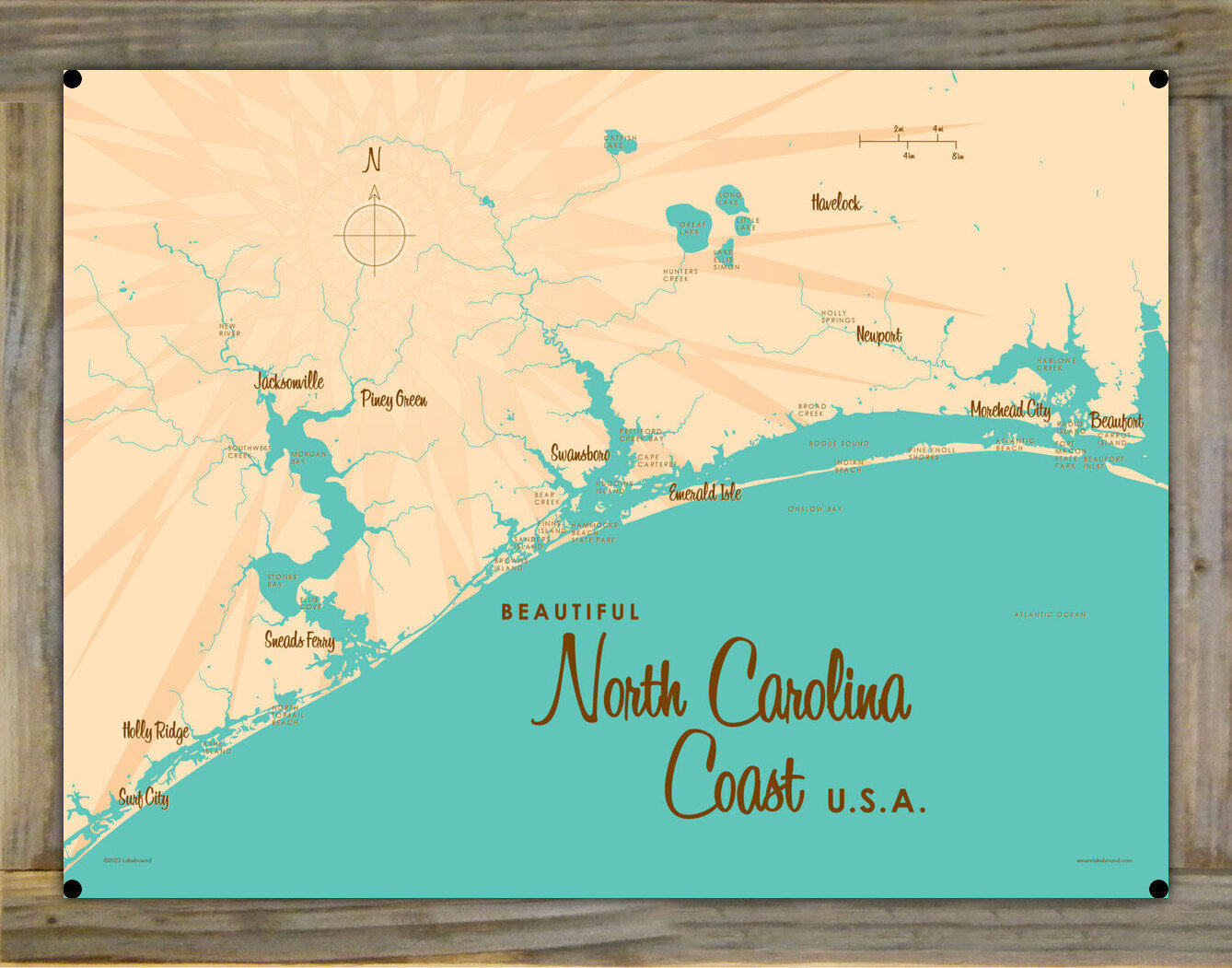 North Carolina Coast North Carolina, Wood-Mounted Metal Sign Map Art