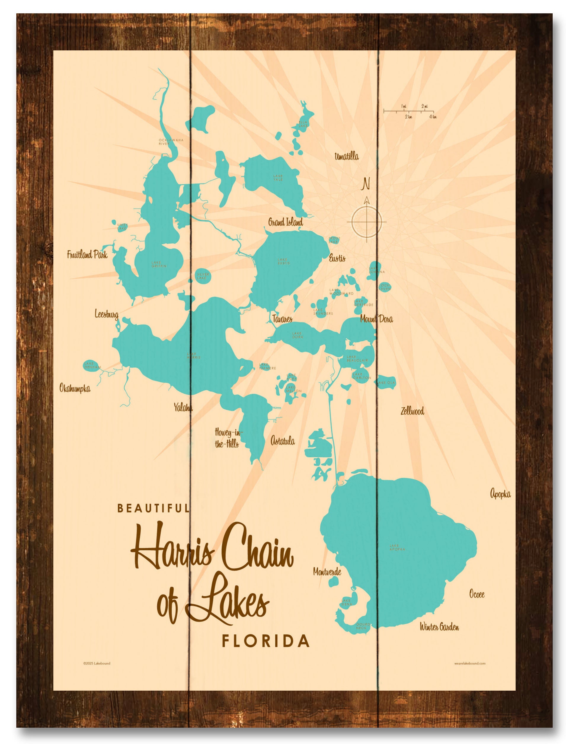 Harris Chain of Lakes Florida, Lake Map Rustic Wood Sign