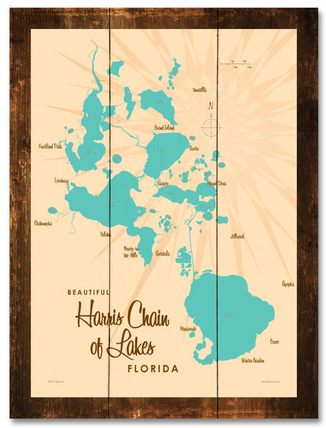 Harris Chain of Lakes Florida, Lake Map Rustic Wood Sign