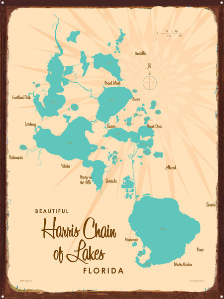 Harris Chain of Lakes Florida, Rustic Metal Sign Map Art