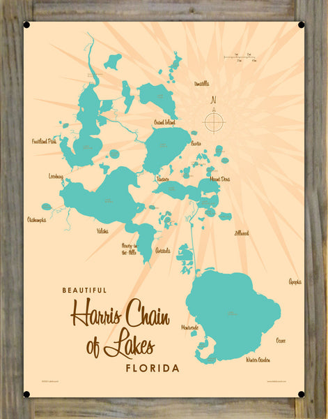 Harris Chain of Lakes Florida, Wood-Mounted Metal Sign Map Art