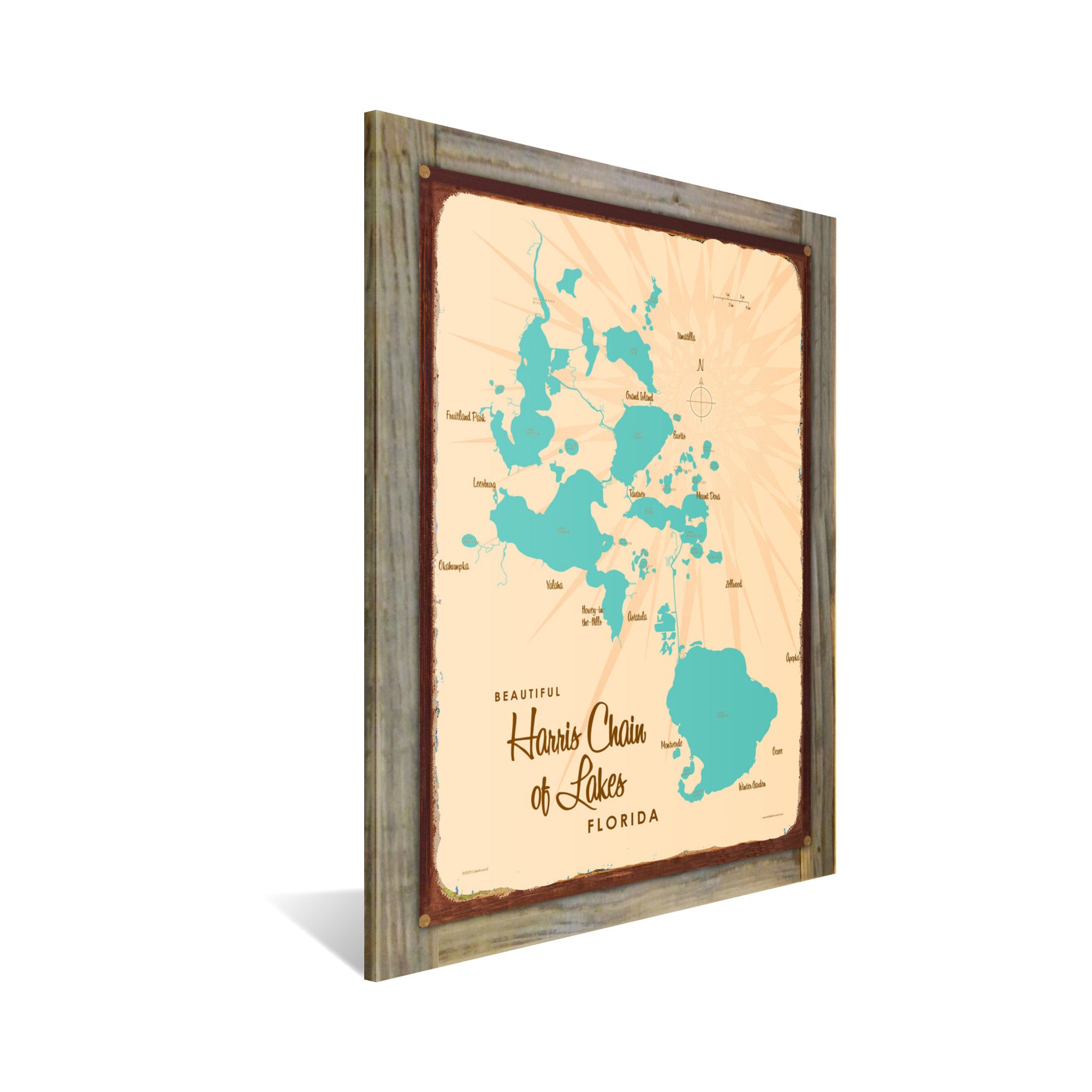 Harris Chain of Lakes Florida, Wood-Mounted Rustic Metal Sign Map Art