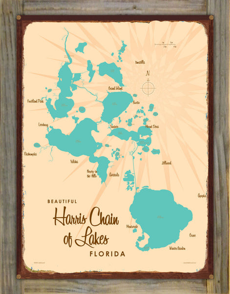 Harris Chain of Lakes Florida, Wood-Mounted Rustic Metal Sign Map Art
