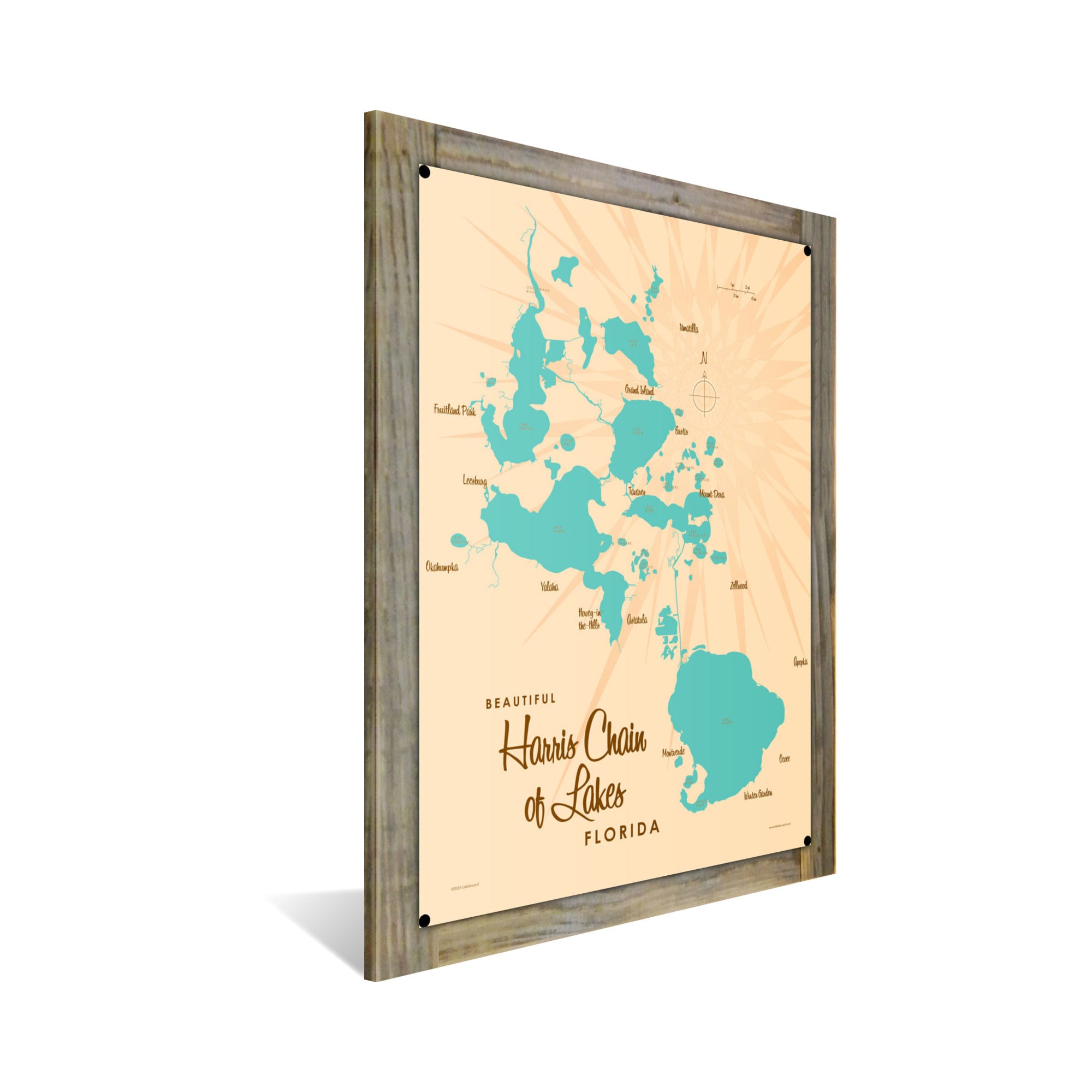 Harris Chain of Lakes Florida, Wood-Mounted Metal Sign Map Art