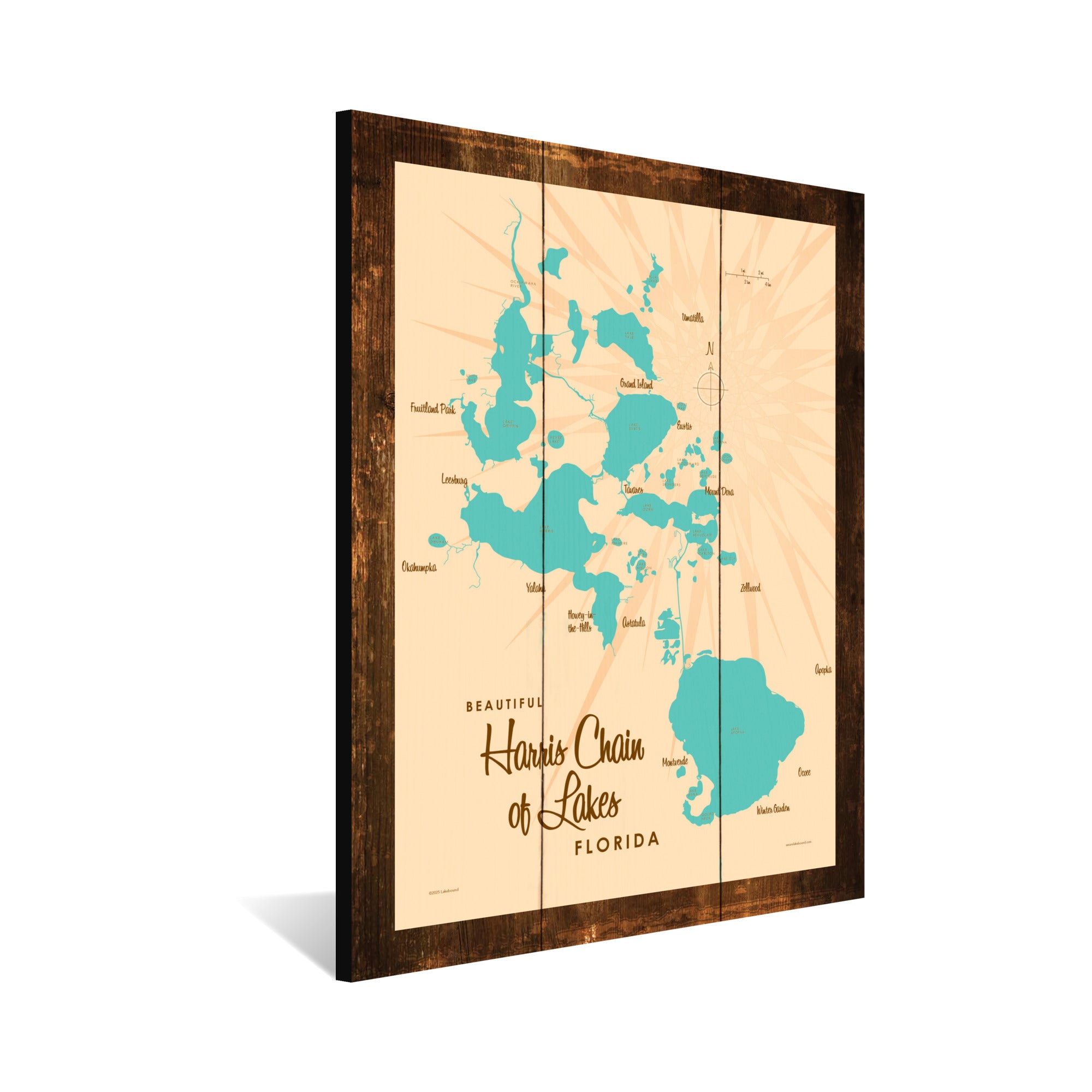 Harris Chain of Lakes Florida, Lake Map Rustic Wood Sign